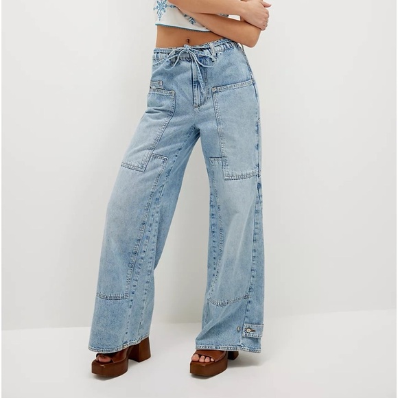 Free People CRVY Outlaw Wide Leg Jeans Drawstring Mid Rise Blue We The Free - Picture 1 of 12